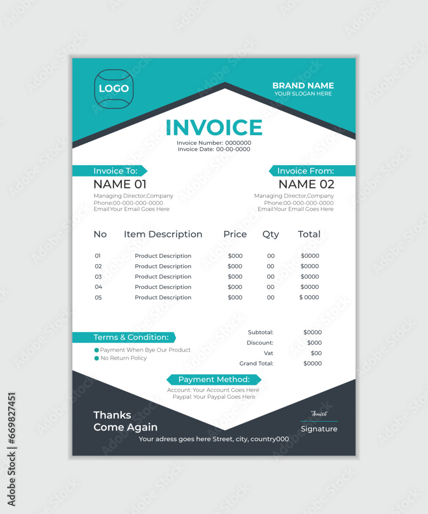 Menu price showing modern and elegant clean invoice design. Creative and modern shape with color matching formal invoice vector illustration print template design. 