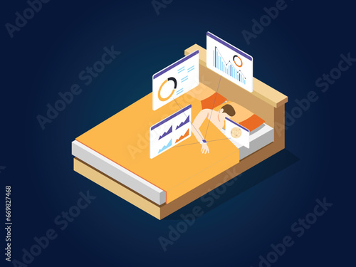 Tracking biorhythms with smart watch during sleep isometric 3d vector concept for illustration, banner, website, landing page, flyer, etc.