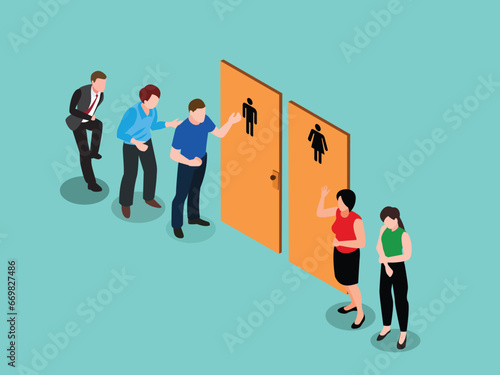 Queue To Toilet, People Waiting At Wc Door Stand In Line isometric 3d vector concept for illustration, banner, website, landing page, flyer, etc.