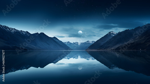 A serene and minimalist capture during the blue hour, emphasizing the reflection of mountains on a calm lake with a subtle and tranquil atmosphere. 