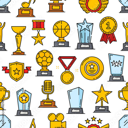 Golden award trophy seamless pattern. Leadership golden prize and sport tournament cup, art or business contest achievement award textile vector seamless background with goblets, medals and statuettes