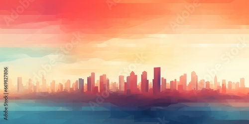 Abstract Cityscape at Sunset: An abstract depiction of a cityscape at sunset with a beautiful gradient sky, allowing for text insertion in the lower part of the image , abstract wallpaper background © AlexRillos