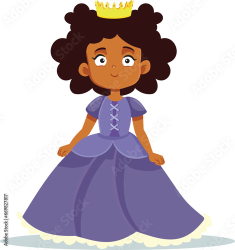 Little Princess in Purple Dress Smiling Happy Vector Character. Cheerful girl having fun enjoying a costume party
