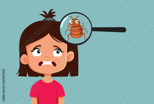 Stressed Girl Having Problems with Lice Vector Illustration. Little child suffering from a infestation with parasites 
