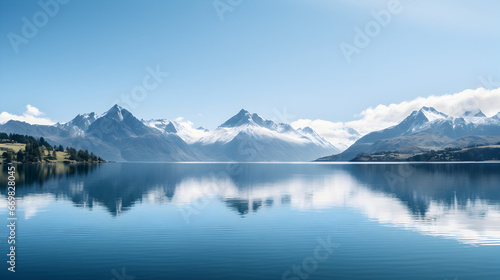 A simple and minimalist composition capturing the clarity of reflections during daytime on a tranquil lake with mountains in the background.