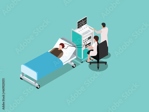 Head medical examination encephalography isometric 3d vector concept for illustration, banner, website, landing page, flyer, etc. photo