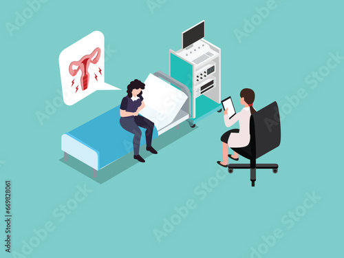 Woman on consultation with a gynecologist is experiencing pain in the uterus. Endometriosis isometric 3d vector concept for illustration, banner, website, landing page, flyer, etc. photo