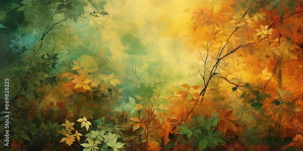 Abstract Rainforest Canopy: A lush, abstract depiction of a tropical rainforest canopy, teeming with rich, vibrant foliage, set against a backdrop of warm, earthy colors Abstract Rainforest Canopy: A lush, abstract depiction of a tropical rainforest canopy, teeming with rich, vibrant foliage, set against a backdrop of warm, earthy colors