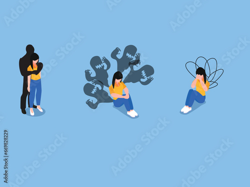 Phobias, anxiety, panic attack. Psychology, solitude, fear or mental health problems isometric 3d vector concept for illustration, banner, website, landing page, flyer, etc.