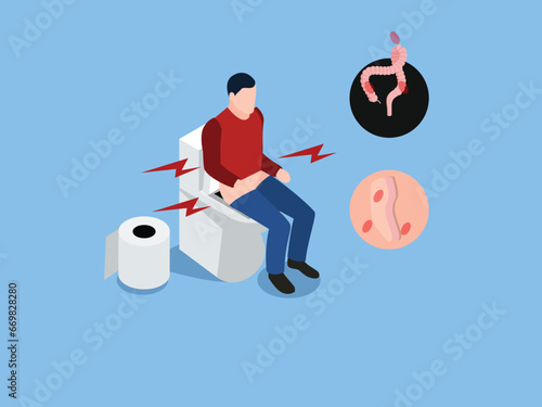 Young man with diarrhea or constipation sitting on toilet bowl isometric 3d vector concept for illustration, banner, website, landing page, flyer, etc.