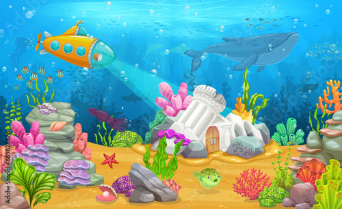Underwater landscape with submarine bathyscaphe and ancient greek building on sea bottom, vector cartoon background. Ocean coral reef and sunken city ruins with whale, starfish and submarine boat