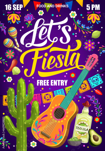 Mexican fiesta party flyer of vector Mexico holidays. Cartoon guitar, maracas, chili and tequila, cactus and papel picado flags garland on floral pattern background. Viva Mexico, Cinco de Mayo poster