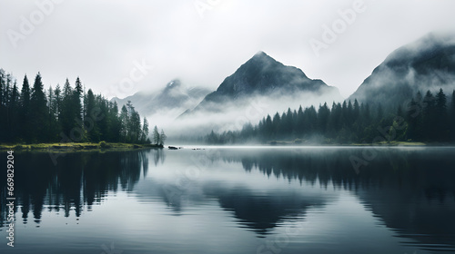 A minimalist composition capturing the mystique of a foggy day, with soft fog enveloping the mountains and creating a serene and dreamy reflection on the tranquil lake.