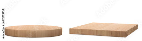 3d wooden podium stand for product display vector. Wood platform for kitchen. Isolated minimal round cosmetic pedestal for mockup scene. Empty brown presentation plate for nature showcase studio