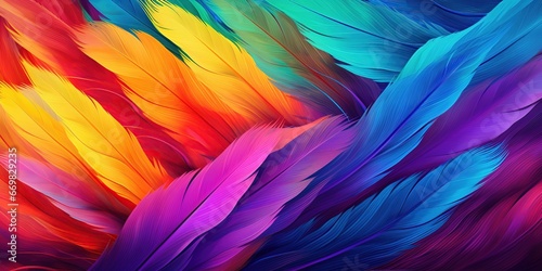 Colorful Feathered Symphony: An abstract image resembling a symphony of colorful feathers, arranged in harmonious patterns and bold, exotic colors, conjuring a sense of elegance and vivacity. © AlexRillos