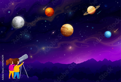 Boy and girl kids looking in telescope at night sky to space planets and galaxy sky, vector background. Astronomy and planetary observation poster with outer space, cosmic planets of saturn and moon