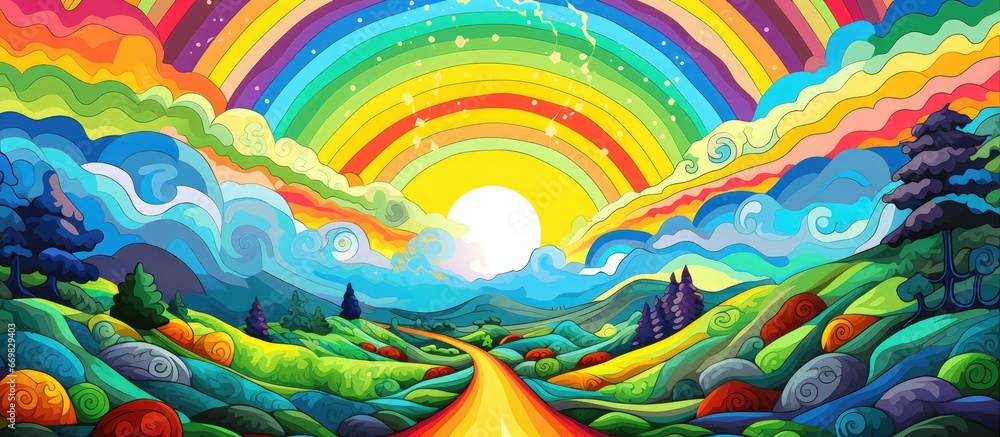 Abstract landscape with road rainbow sun and grass depicted in a surreal manner Used for coloring and background Illustrated in raster format - obrazy, fototapety, plakaty 