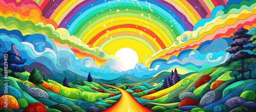 Abstract landscape with road rainbow sun and grass depicted in a surreal manner Used for coloring and background Illustrated in raster format