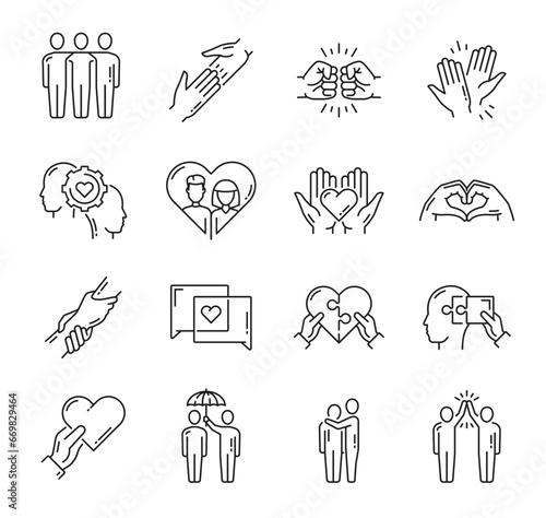 Help, support, friendship, love and community icons with vector line hands, hearts, heads and people figures. Social, friends and family relationship, help, trust and respect isolated symbols