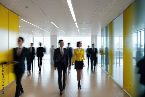 Bright business workplace with people walking in blurred motion