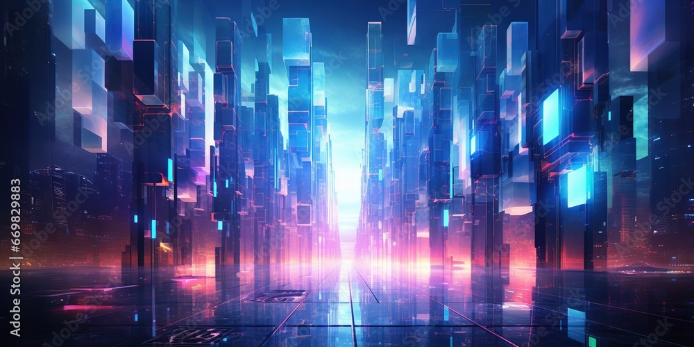 Digital Abstract City Grid: An intricate abstract grid representing a futuristic cityscape, with neon lights and circuitry, set against a cool, technologically-inspired color palette.