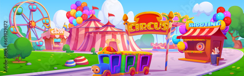 Fair carnival wheel in park with circus vector background. Amusement ferris theme illustration with carousel, train and festival tent panorama landscape. Childish entertainment for vacation graphic