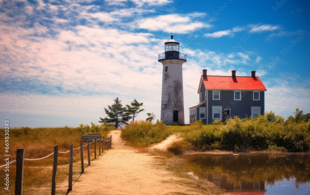 A countryside lighthouse with beautiful surroundings