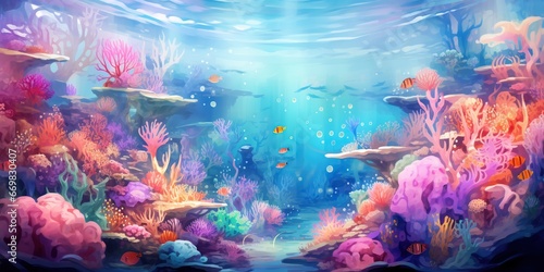 Dreamy Underwater World: An ethereal representation of a surreal underwater world, featuring vibrant marine life, coral formations, and gentle currents in a vivid and enchanting color palette © AlexRillos