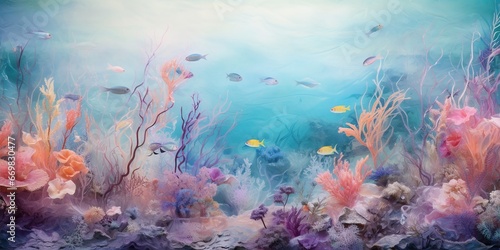 Dreamy Underwater World  An ethereal representation of a surreal underwater world  featuring vibrant marine life  coral formations  and gentle currents in a vivid and enchanting color palette