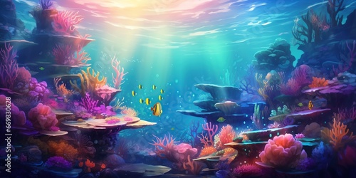 Dreamy Underwater World: An ethereal representation of a surreal underwater world, featuring vibrant marine life, coral formations, and gentle currents in a vivid and enchanting color palette.