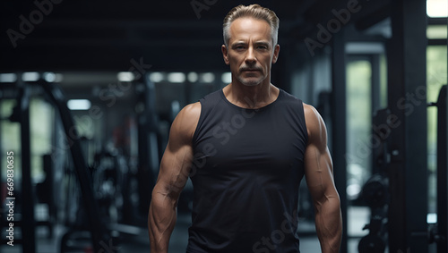 Muscular middle age man in a perfect shape. Athletic portrait in a gym. Exercise and health concept. Beautifully aging idea. With copy space. photo