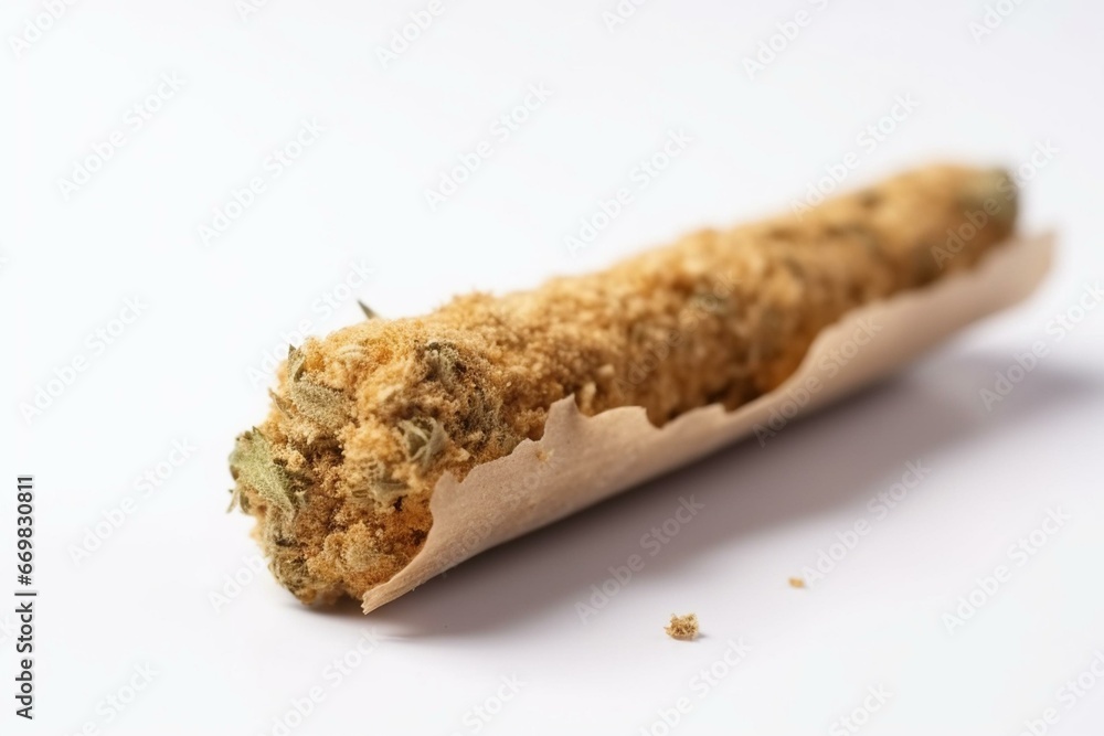 Highquality cannabis joint on white background (leaf, honey oil, kief
