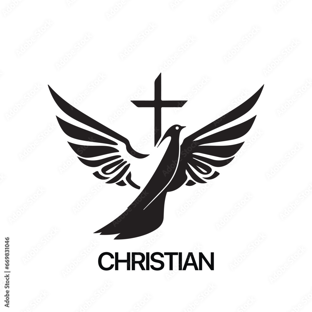Obraz premium Christian Logo template with dove, pigeon. Black and white christian holy spirit symbol