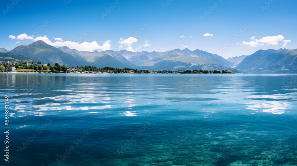  A minimalist composition capturing the brilliance of a sunny day, with clear skies and vibrant reflections on the tranquil lake against the backdrop of mountains. 