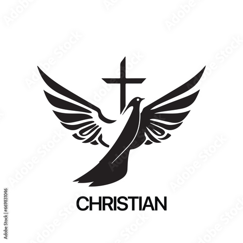 Christian Logo template with dove, pigeon. Black and white christian holy spirit symbol