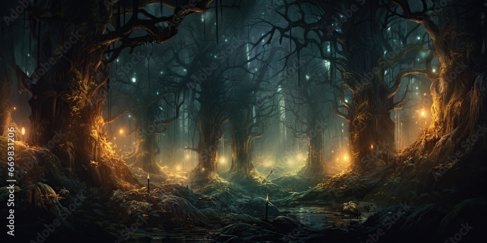 nchanted Enigma of the Forest: An enigmatic representation of a magical forest with misty, glowing pathways, mysterious trees, and soft earthy tones, invoking a sense of enchantment and mystery  - obrazy, fototapety, plakaty 