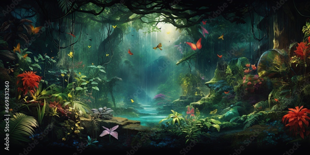 Enchanted Enigma of the Jungle: An enigmatic representation of an enchanted jungle, featuring lush foliage, mysterious creatures, and vibrant, exotic hues, invoking a sense of adventure and wonder - obrazy, fototapety, plakaty 