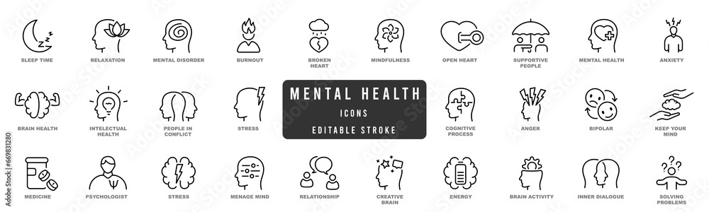 Mental health line icon set. Anxiety, stress, psychology, brain etc symbols. Editable stroke - obrazy, fototapety, plakaty 