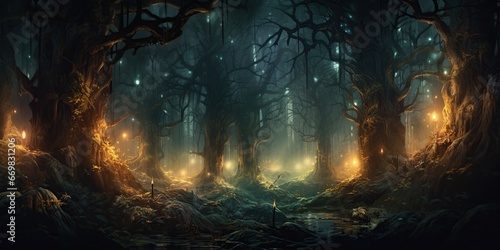 nchanted Enigma of the Forest: An enigmatic representation of a magical forest with misty, glowing pathways, mysterious trees, and soft earthy tones, invoking a sense of enchantment and mystery  photo