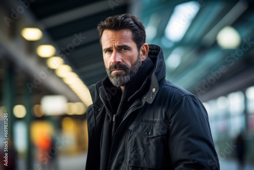 Handsome middle aged man with beard and mustache in urban background
