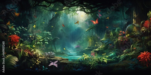 Enchanted Enigma of the Jungle: An enigmatic representation of an enchanted jungle, featuring lush foliage, mysterious creatures, and vibrant, exotic hues, invoking a sense of adventure and wonder photo