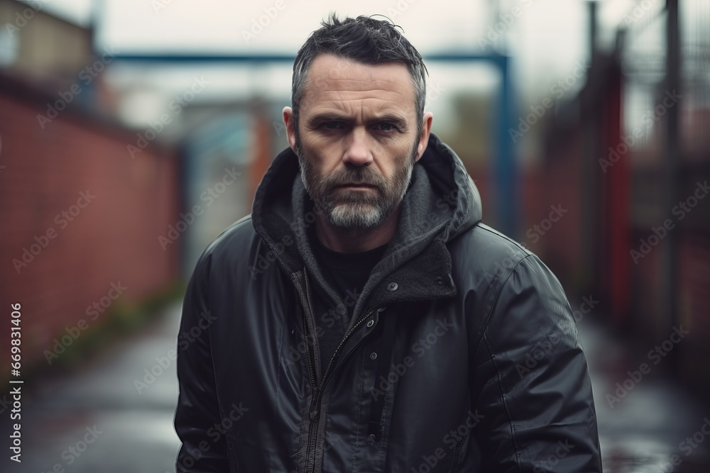 Portrait of a handsome bearded man with grey hair and beard in a black jacket on the street Portrait of a handsome bearded man with grey hair and beard in a black jacket on the street