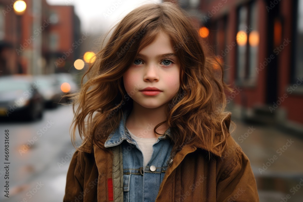 Portrait of a beautiful little girl with long hair in the city.