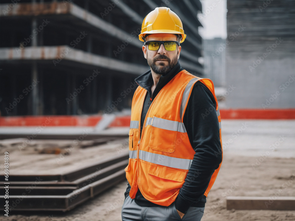 construction worker wearing a protective vest and helmet at the construction site. Generative AI. construction worker wearing a protective vest and helmet at the construction site. Generative AI.