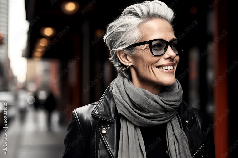 Portrait of a happy senior woman in black leather jacket and sunglasses Portrait of a happy senior woman in black leather jacket and sunglasses