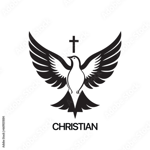 Christian Logo template with dove, pigeon. Black and white christian holy spirit symbol