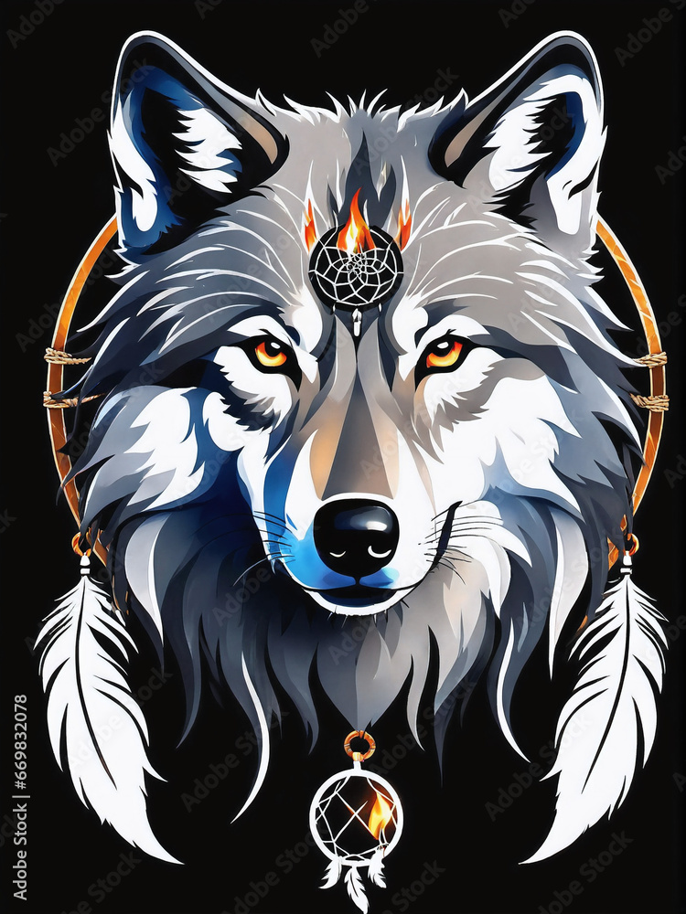 Obraz premium tribal depiction of a gray wolf with Indian attributes. Generative AI.