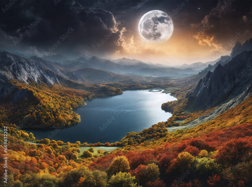 a lake in a valley between mountains, a huge moon in the sky.. Generative AI.