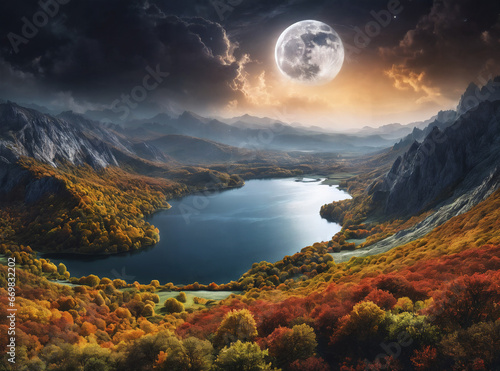 a lake in a valley between mountains, a huge moon in the sky.. Generative AI.