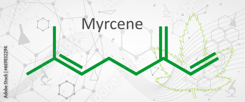 Myrcene, or beta-myrcene, is an olefinic natural organic hydrocarbon. It is more precisely classified as a monoterpene. Use in fragrance and flavor industries. Skeletal chemical formula.